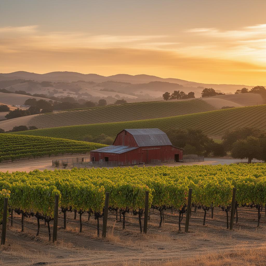 Dry Creek Valley vineyard at sunset near Healdsburg, CA