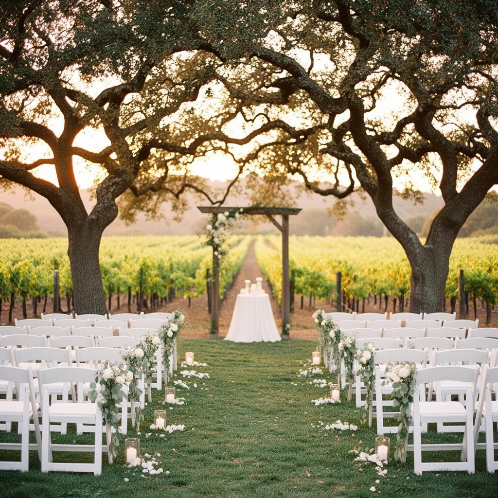 Vineyard wedding ceremony in Healdsburg, CA with oak trees and rows of vines