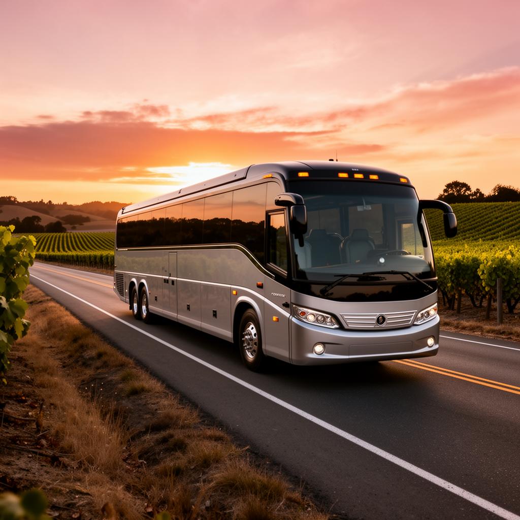 Healdsburg charter bus parked at a Sonoma County vineyard at sunset