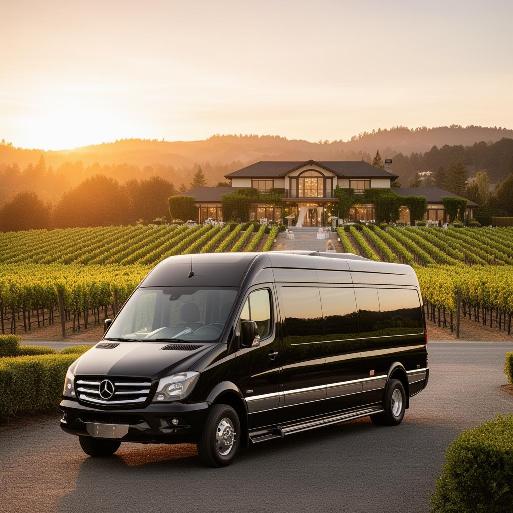 Healdsburg shuttle van outside a vineyard estate at golden hour