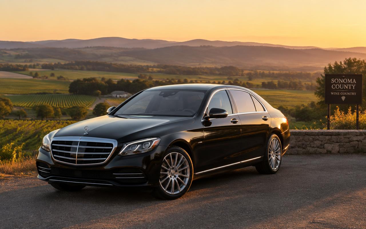 Black executive sedan airport limo parked at a Sonoma County wine country overlook near Healdsburg