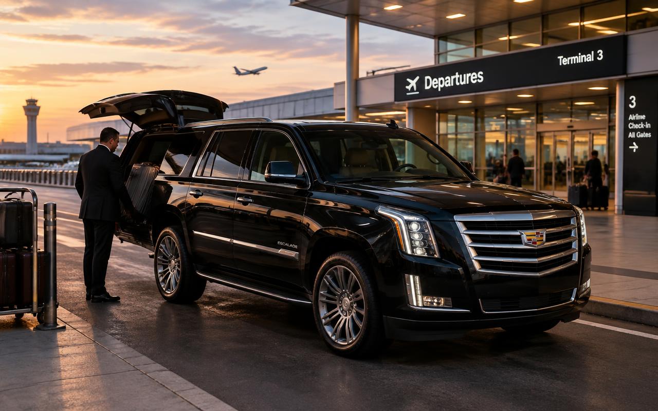 Black luxury SUV airport limo loading luggage curbside at the SFO departures terminal